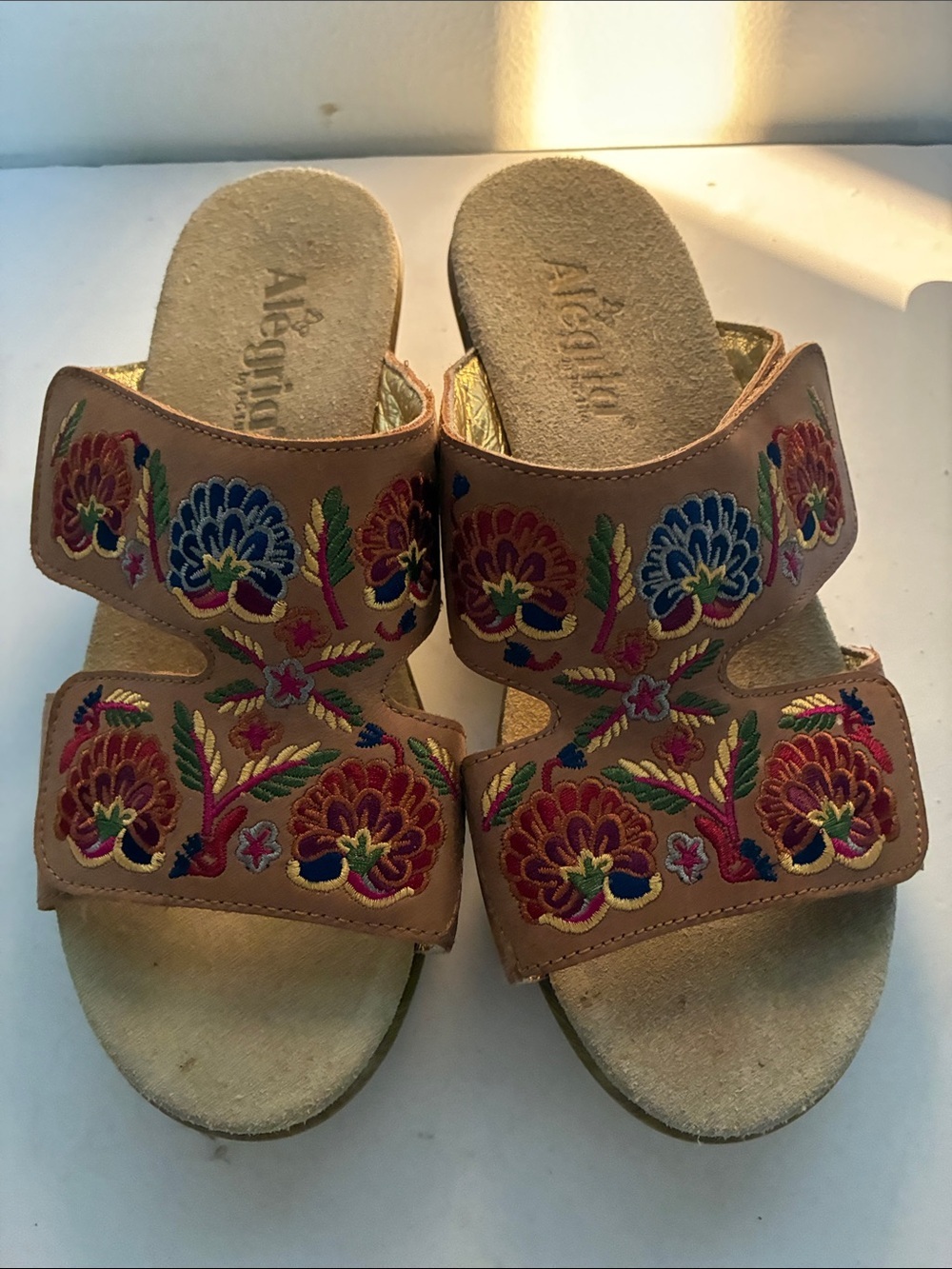 Alegria Tan Leather Slide Mules with Multicolor Floral Embroidery size 8.5